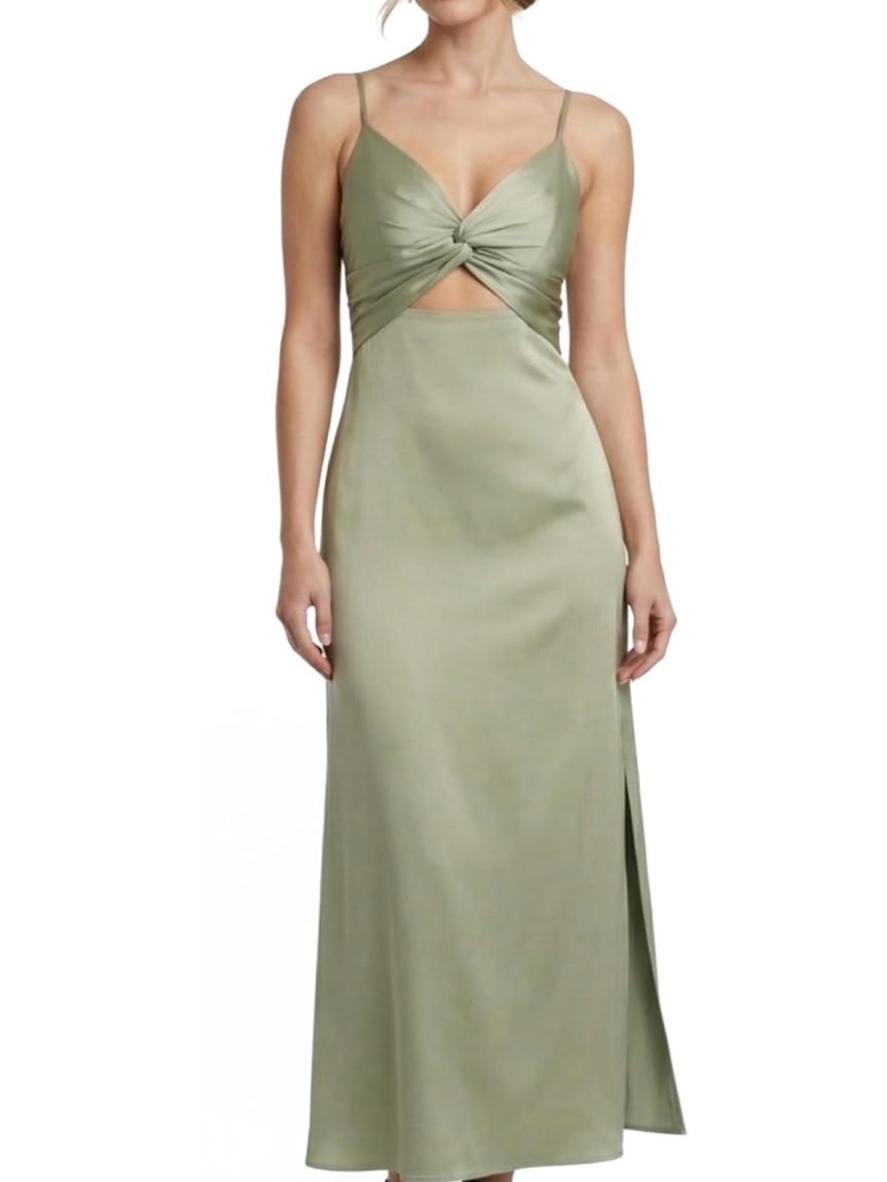 David's Bridal Sage Green Twist-Front Cutout Maxi Dress
